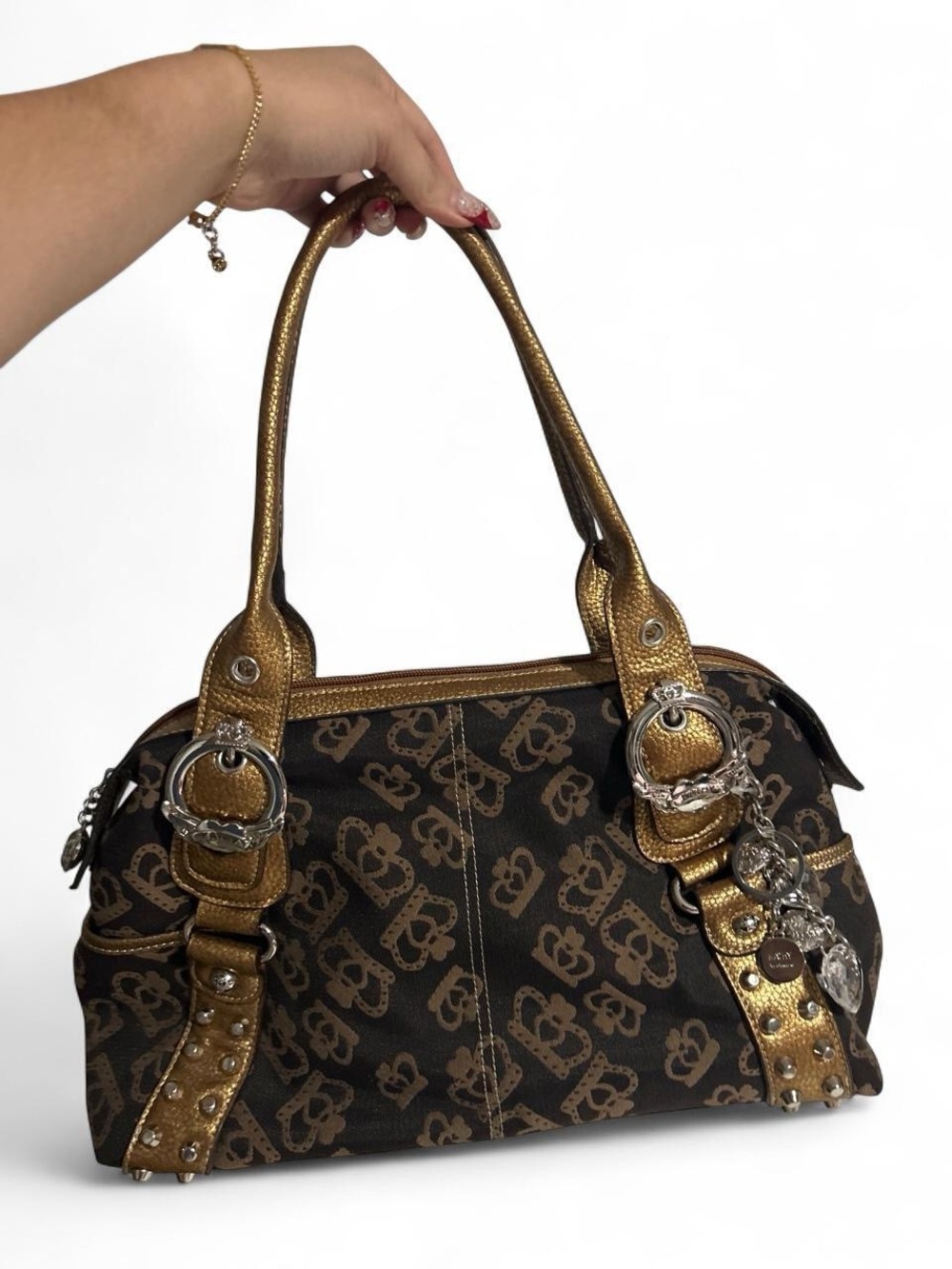 Kathy Van Zeeland Brown Monogram Satchel with Gold Accents